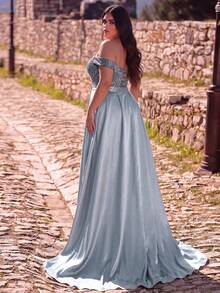 Plus Size Women's Romantic Sequin Maxi Dress Sleeveless Asymmetrical Neck, Thigh-High Slit, Beaded For Formal & Elaborate Parties - Dusty Blue - View 2