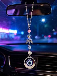 Rhinestone Evil Eye Car Rearview Mirror Hanging Ornament, Turkish Evil Eye Full Rhinestone Car Pendant, Pink Crystal Bead Bowknot Chain Rearview Mirror Decorative Hanging Accessory - Demon - View 3