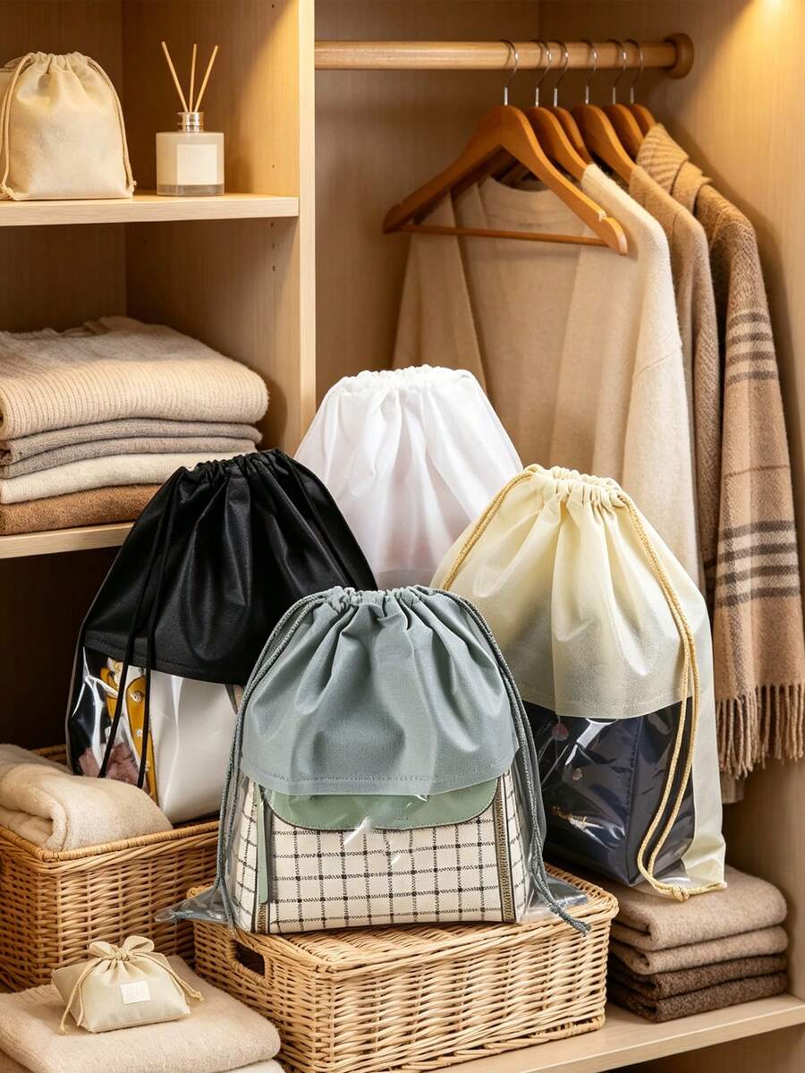 Polyester Satin Dust-Proof Drawstring Bag, Suitable For Jewelry; Silk Dust-Proof Drawstring Travel Storage Bag; Portable Clothing And Shoes Drawstring Pouch; Large Capacity Handbag Dust-Proof Bag; Self-Sealing Drawstring Storage Bag; Travel Supplies, Storage And Organization - Multicolor - View 1