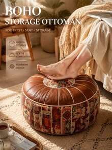 1pc Bohemian Floral Embroidered Storage Ottoman (Filler Not Included), Soft Hidden Clothes & Toy Storage, Waterproof PU Leather, Provides Comfort For Every Home Space, Suitable For Living Room, Bedroom, And Entryway, Single Piece For Daily Use - Coffee Brown - View 3