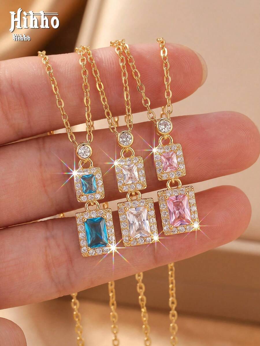 Hihho 1pc Colorful Square Zirconia Double Pendant Necklace, Gold Plated Zirconia Inlaid Necklace, Exquisite Gift Jewelry For Women - Double-sided Block - View 1