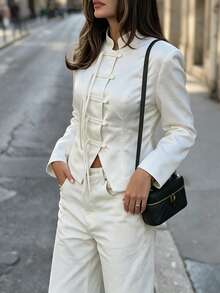 New Chinese Style Stand Collar Frog Button Short Jacket For Women, Slim Fit Waist Tassel Tie Commuter Blazer - White - View 5
