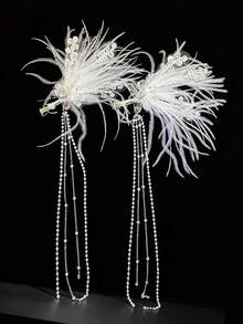 2pcs Women's Ethereal White Feather Rhinestone Long Tassel Side Hair Clips, Bridal Wedding Atmosphere Hair Accessories - Multicolor - View 1