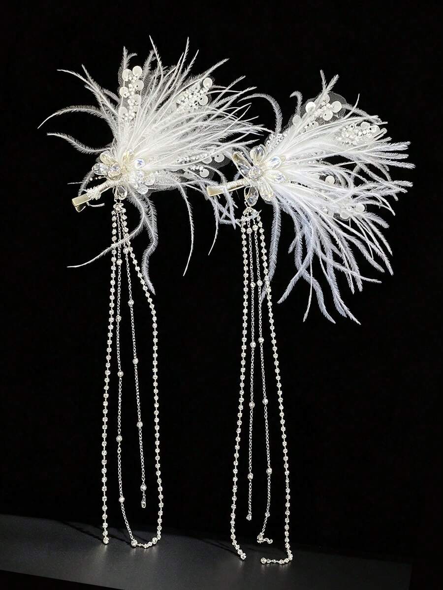 2pcs Women's Ethereal White Feather Rhinestone Long Tassel Side Hair Clips, Bridal Wedding Atmosphere Hair Accessories - Multicolor - View 1