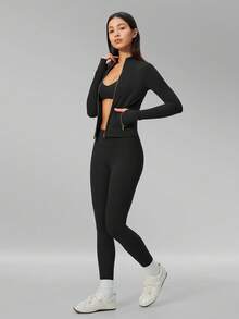MFVIM Women's Versatile Yoga Bra + Leggings + Jacket 3 Pieces Set, Soft And Skin-Friendly - Premium Black - View 8