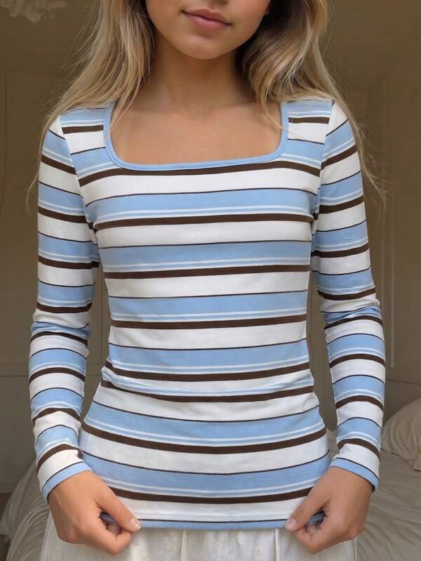 Tween Girls Tween Girl Blue Colorful Striped Knit Autumn Transition Season Casual Comfortable Streetwear Back To School Campus Daily Outfit Girls Clothing