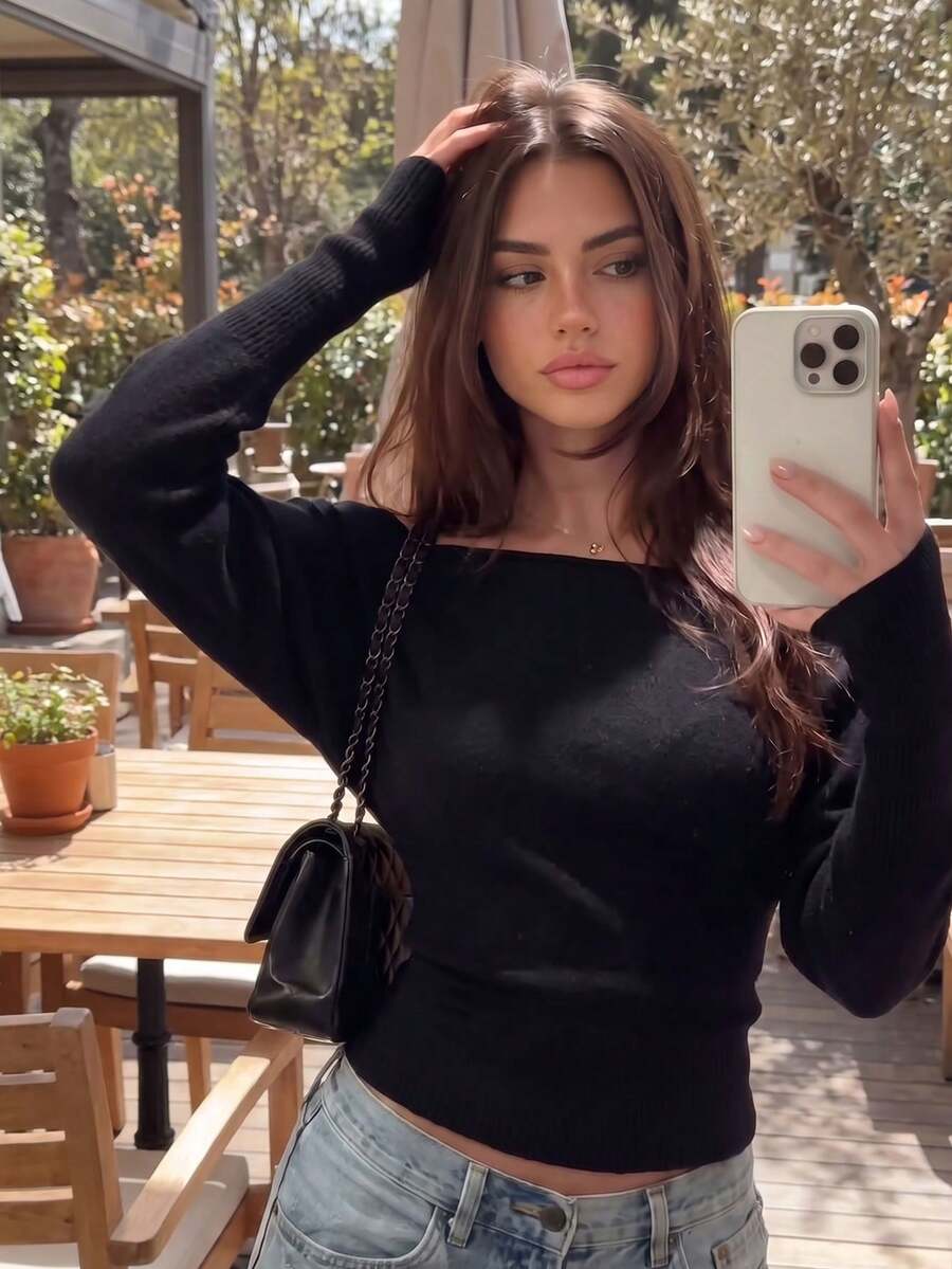 Autumn Halloween Hot Girl Sweater Outfit, Women's Black Asymmetrical Shoulder Cropped Long Sleeve Ribbed Sweater, Back To School Daily Date Versatile Style - Black - View 1