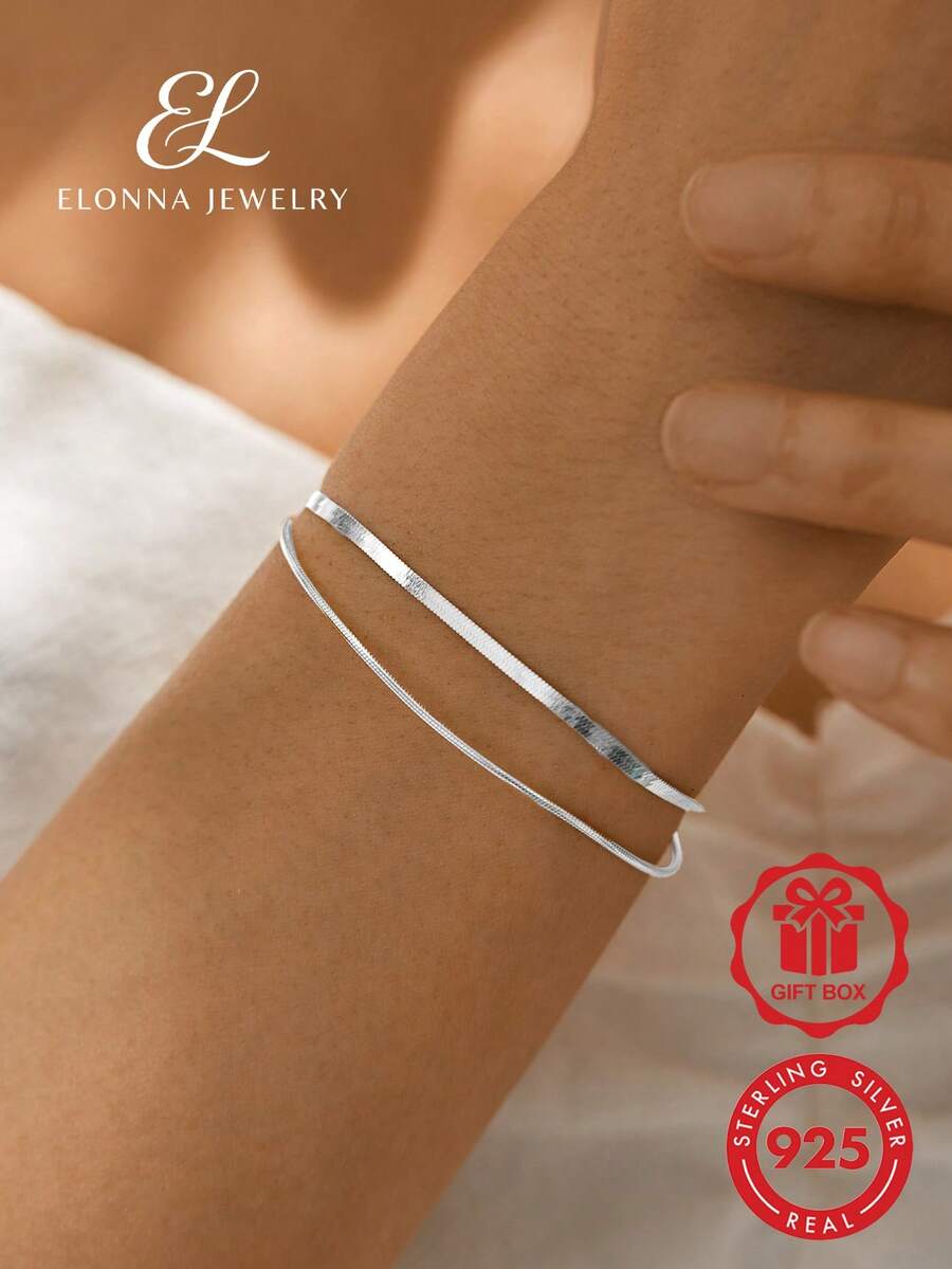 SYMFNY 925純銀扁魚骨鏈手鍊,奢華珠寶,生日與情人節禮物,獨特珠寶 - 銀色 - 查看 1