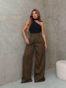 YING ZI Stone Mode Tailored Wide-Leg Trousers - 亮軍綠 - 查看 3