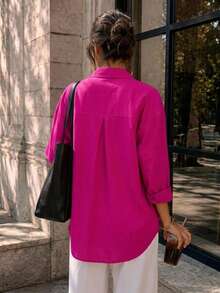Women's Oversized Long Basic Shirt - Hot Pink - View 6