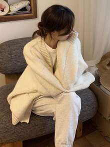[Y6Y]女款秋冬純色口袋針織開襟衫，韓系溫柔寬鬆中長版毛衣外套 - 杏色 - 查看 5
