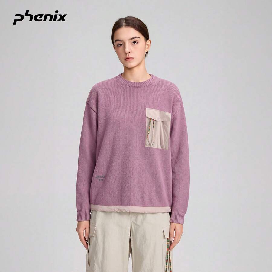 +Phenix 長袖 T-shirt 上衣,中性款美利奴羊毛,保暖透氣,圓領,純色針織衫 - 灰粉紅色 - 查看 1