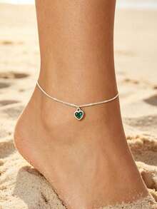 SYMFNY 925 Sterling Silver Anklet, Heart-Shaped Green Zirconia Inlaid, Suitable For Women's Daily And Commute Wear - Silver - View 2