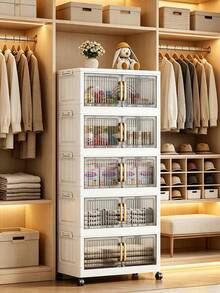 Foldable Storage Cabinet With Wheels, Vertical Transparent Door Stackable Organizer Unit, Multi-Layer Plastic Storage Drawers, Suitable For Closet Living Room Bathroom, Multi-Functional Home Sundries Storage Rack - View 1