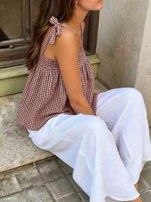 Casual Solid Color Plaid Camisole Top, Versatile For Picnic, Travel, Beach, Relaxed Fit Summer, For Women - Burgundy - View 3
