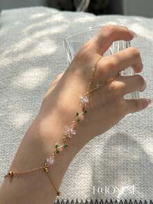 EchoNest 1pc Gold Stainless Steel Floral & Green Leaf Finger Bracelet With Zirconia, Holiday Party Finger Chain Decorative Accessory - Gold - View 1