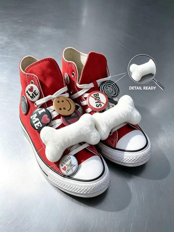 2Pcs Plush Bone Shoe Charms Set - Y2K Style DIY Sneaker Accessories, Secure Lace-Up Decorations For Streetwear & Gen-Z Fashion Lovers