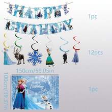 Themed Birthday Party Decoration Set, Ice Cave Happy Birthday Backdrop, Double-Layer Character Banner, Hanging Spiral Decorations, Anna Snowman Winter Princess Wall & Ceiling Decor - Multicolor - View 7