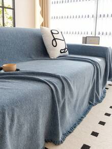 1pc Solid Color Sofa Slipcover, Sofa Blanket, Chenille Sofa Protector, Suitable For All Seasons, Bedroom And Living Room, Home Decor - Blue - View 5