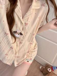 2件組女款睡衣家居服套裝，開襟翻領可愛小狗與蝴蝶結印花短袖時尚休閒短褲，春夏季，易打理面料 - 香檳色 - 查看 8