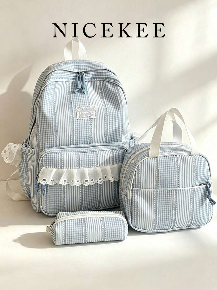 Fresh Artistic Style, Gentle Atmosphere, Plaid Single Piece Backpack Set, Lace Splicing Design, Large Capacity, Simple And Fashionable Backpack.