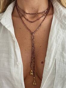 1pc Street Style Geometric Square Bead Asymmetrical Disc Pendant Tassel Long Necklace, Luxury Fashion Casual Street Photography Travel Vacation Wedding Banquet Couple Date Women Birthday Holiday Versatile Jewelry Necklace Gift - Necklace - View 4