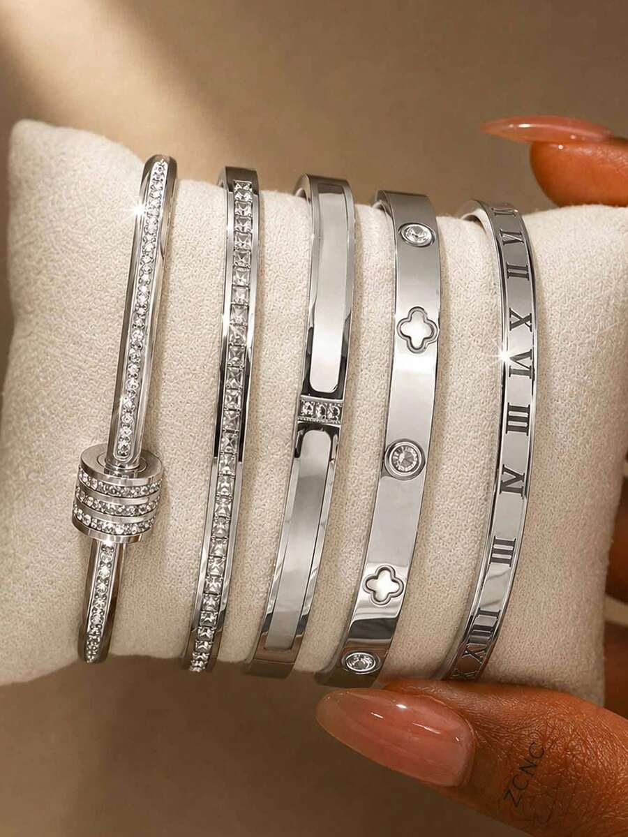 ZCNC 2026 New Stainless Steel Rings, Multi-Style Design (Roman Numerals, Four-Leaf Clover, Rhinestone Inlaid, Etc.), Versatile For Commuting, Luxury Accessory, Stackable, Hypoallergenic, Niche Design, Holiday Gift