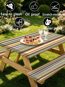 3 Pieces Picnic Tablecloth Set With Bench Cover, Elastic Edge Design, Striped Pattern, Washable Rectangular Tablecloth, Suitable For Weddings, Camping, Picnics, Garden Parties And More, Practical Essential - E - View 9