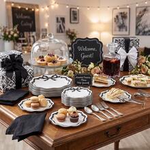 10/20/40pcs Black Bow Wavy Edge Disposable Paper Plates, Coquette Style Wavy Dinner Plates, White Background With Black Ribbon Bow Print, 7-Inch And 9-Inch Party Plates, Suitable For Birthday Parties, Bridal Showers, Baby Showers, Tea Parties, Picnics And Girls Gatherings - Black - View 2