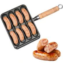 Cast Iron Sausage Grill Pan With Wooden Handle, 4‑Slot Non‑Coated Sausage Making Skillet, Multi‑Purpose Grill Pan For Hot Dog, Sausage, Bacon, Compatible For All Stovetops Kitchen Cookware - Black - View 2