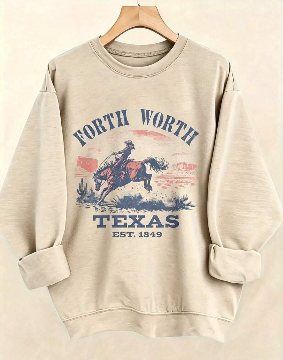 Women's Western Style Fort WorthTexasEST1849CowboyPatternHoodieSoftCrewNeckPulloverWith Cactus And Longhorn DesignComfortableCasualLongSleeve Sweater - 杏色3 - 查看 1