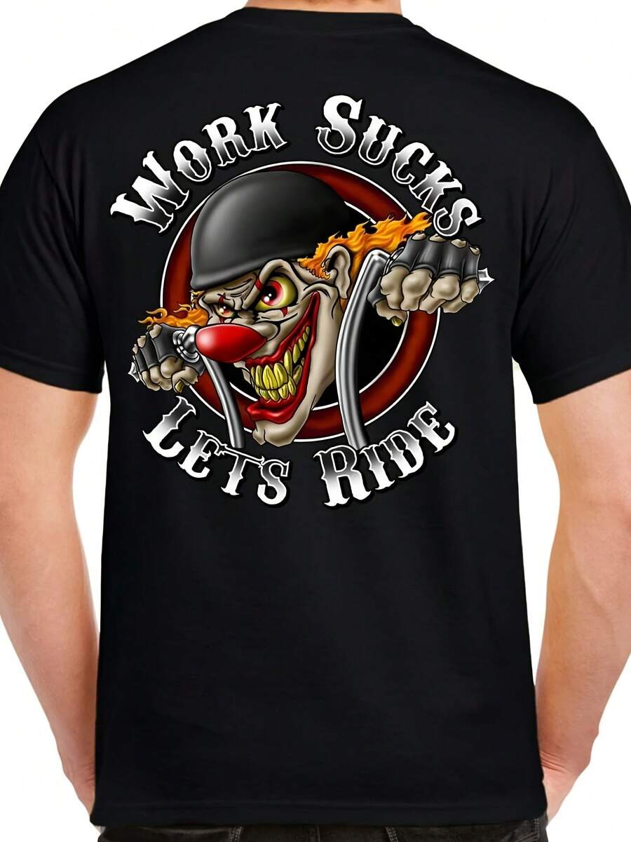 Work Sucks Clown Skull Motorcycle No Tattoo Rocker Funny Biker T-Shirt - 款式 - 查看 1