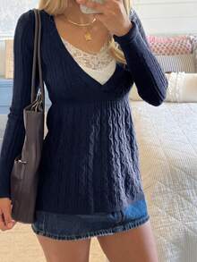 Áo len chui đầu nữ phong cách preppy cổ điển, tay dài, cổ chữ V, dệt vặn thừng, dáng peplum, vải dệt co giãn vừa, phù hợp mặc mùa thu/đông - Màu xanh hải quân - Xem 3