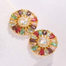 1 Pair Vintage Colorful Zirconia Sunflower Stud Earrings, Vacation, Evening, Daily Wear, Girlfriend Gift Earrings, Luxury Gemstone Earrings, Commute Versatile Earrings - Colored  Sunflower Earrings - View 10