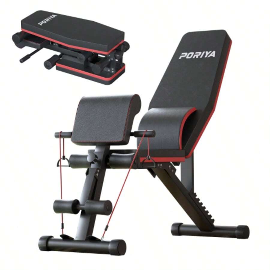 PORIYA Weight Bench Fitness Bench Press Squat Rack Adjustable Home Gym Equip - Black - View 1