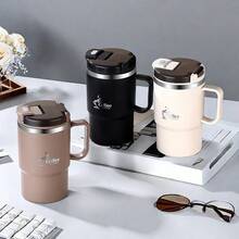 1個 500/550ml 304不鏽鋼咖啡杯，附茶濾網與折疊湯匙，雙層保溫咖啡杯，含手把與蓋子，密封奶茶咖啡水杯，防燙飲水杯，適合學生與成人居家、學校、辦公室使用 - 彩色 - 查看 4