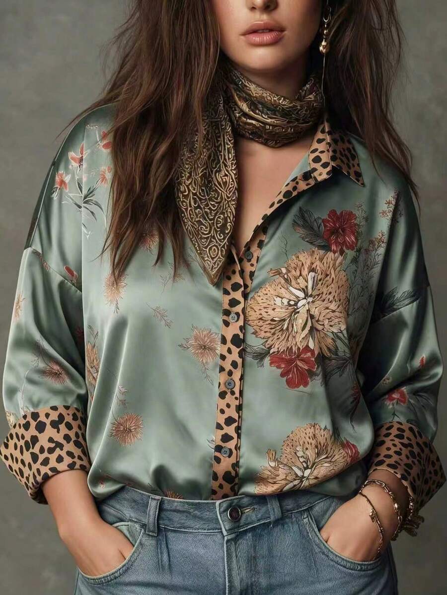 Women's Leopard Print Floral Button-Up Plus Size Shirt, Long Sleeve Lapel Collar Top, Autumn Woven Fabric Detail Design - Color Matching - View 1