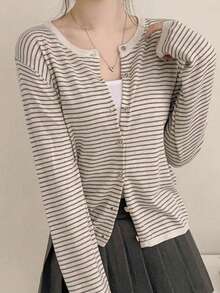 Jaket Kardigan Rajut Bergaris Wanita, Desain Baru Gaya Niche, Sweater Lengan Panjang Leher Bulat Tipis, Patchwork Acak Musim Gugur - Aprikot - View 4