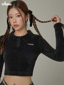 CHUU 素色 Polo 領女款毛衣 秋冬基礎款 毛茸茸長袖針織開襟衫 - 黑色 - 查看 2