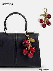 HXXOOS 1pc Y2K Cherry Bag Charm Pendant, Vintage Gold Cherry Keychain, Luxury Resin Fruit Keyring Accessories For Women Bag Backpack Decoration - Red - View 3