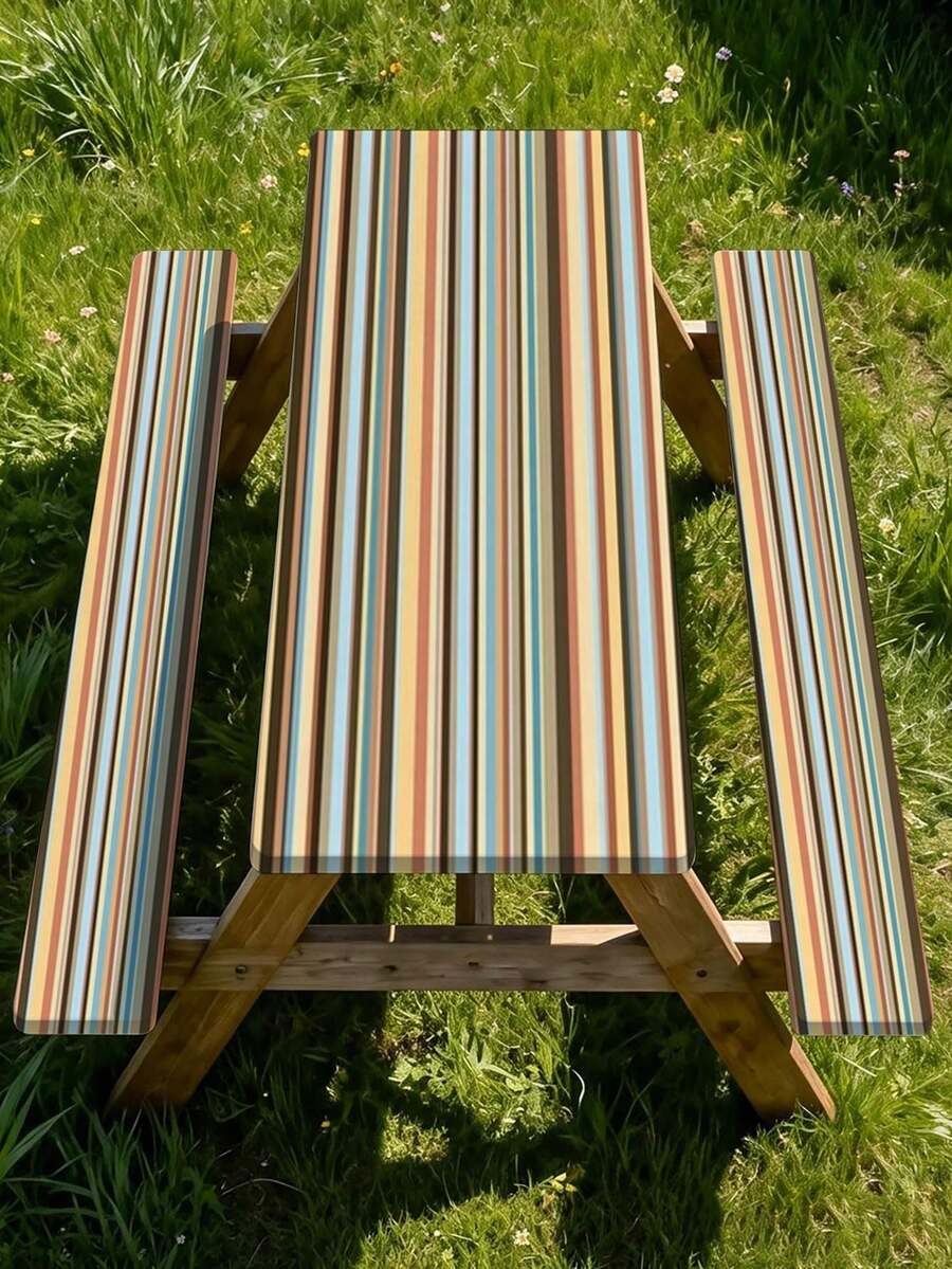 3 Pieces Picnic Tablecloth Set With Bench Cover, Elastic Edge Design, Striped Pattern, Washable Rectangular Tablecloth, Suitable For Weddings, Camping, Picnics, Garden Parties And More, Practical Essential - E - View 1