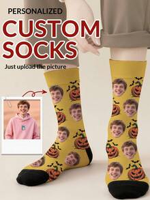 1 Pair Customized Face Photo Men's Halloween Socks, Halloween Costume, Birthday, Valentine's Day Gift, Halloween Prank Gadget, Colorful Cartoon Print, Combines Personality And Fun, Suitable For Daily Wear, Home, Commuting - Multicolor - View 1