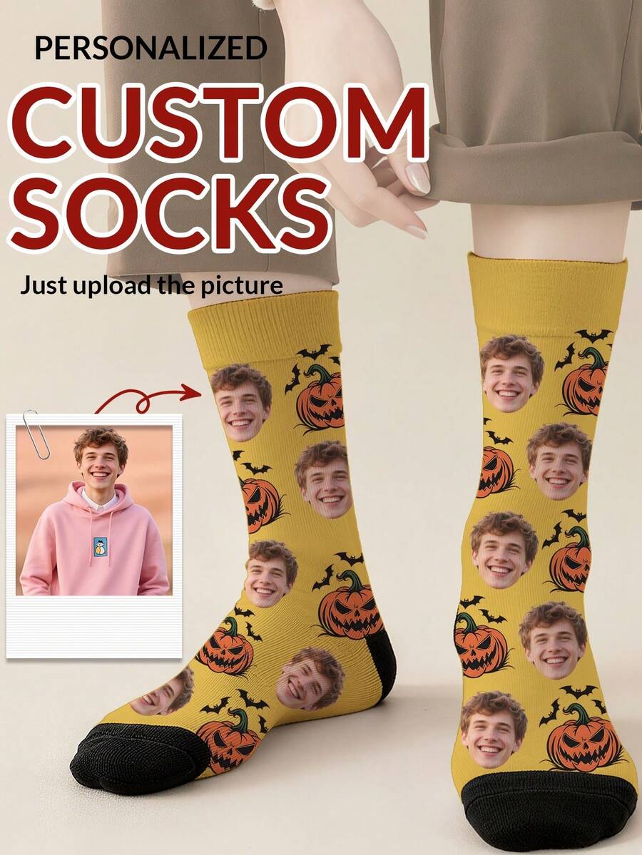 1 Pair Customized Face Photo Men's Halloween Socks, Halloween Costume, Birthday, Valentine's Day Gift, Halloween Prank Gadget, Colorful Cartoon Print, Combines Personality And Fun, Suitable For Daily Wear, Home, Commuting - Multicolor - View 1
