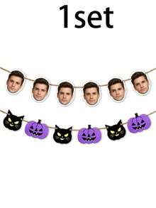 Custom Halloween Photo Banner, Spooky Personalized Face Garland For Party Backdrop & Wall Decor, Pumpkin Cat Bunting, Customized Picture Holiday Party Sign, Customizable Halloween Room Decor Gift, Garden, Living Room Decoration, Gifts For Friends - Style a - View 11