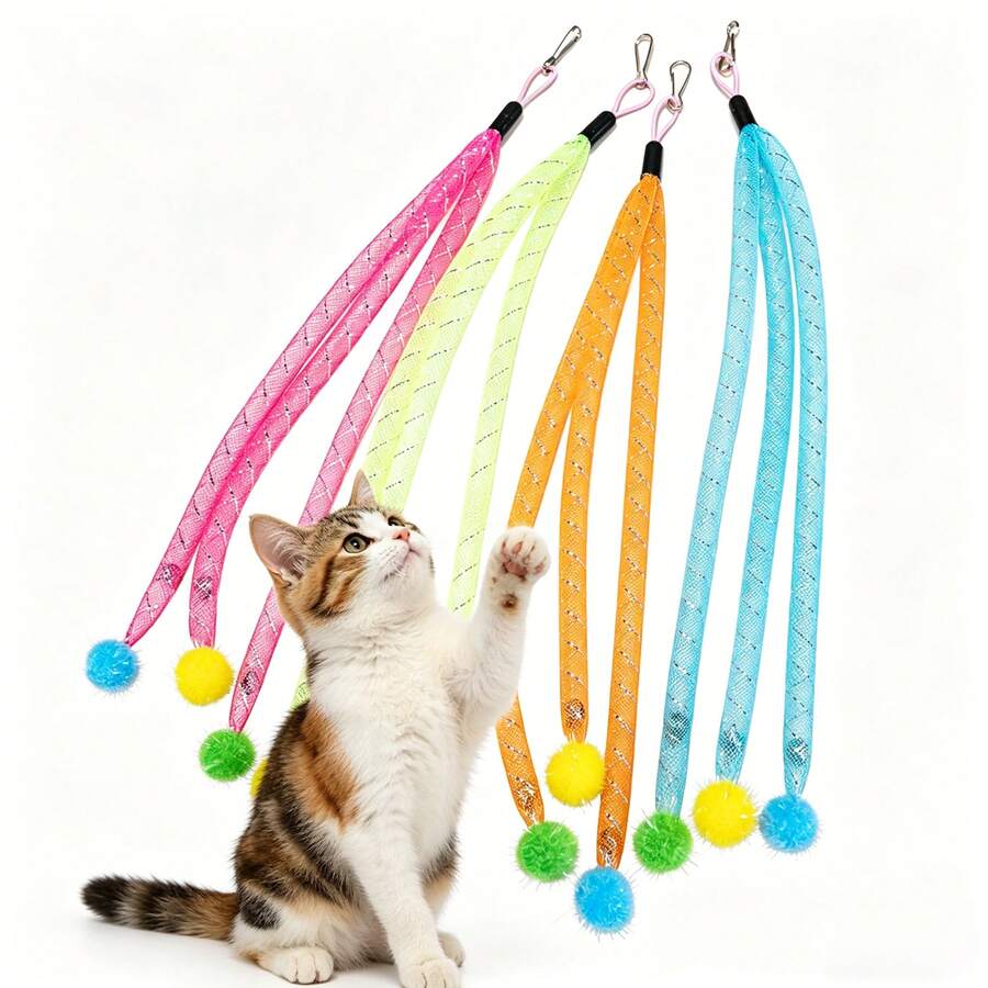 3pcs Random Color Cat Teaser Wand Replacement Refills With Bells And Pom Poms, Colorful Mesh Tube Interactive Cat Toy Accessories, Durable Cat Toy Parts Suitable For Indoor Cats And Kittens - Multicolor - View 1