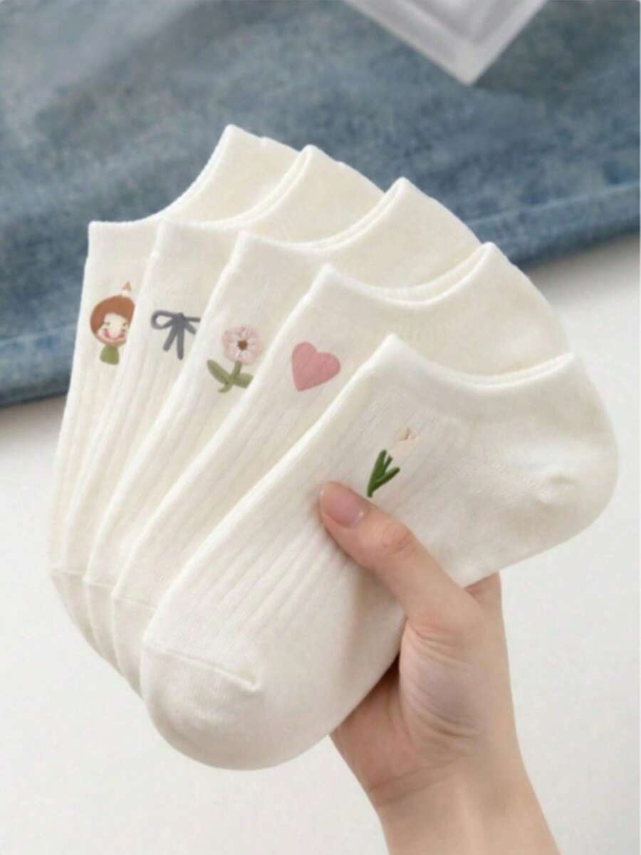 5 Pairs Women's Solid Color Ribbed Ankle Lined Short Invisible Socks, Thin Non-Slip Invisible Boat Socks, Suitable For All Seasons - White - View 1