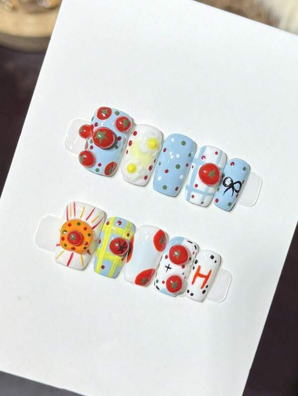10PCS Square/Round Handmade Press On Nails, Y2K,Summer Vacation, Graduation Season, Spring And Summer, Suitable For Girls And Women Festivals,Music Festival,Daily Wear,Valentine's Day Gift.