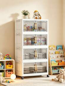 Foldable Storage Cabinet With Wheels, Vertical Transparent Door Stackable Organizer Unit, Multi-Layer Plastic Storage Drawers, Suitable For Closet Living Room Bathroom, Multi-Functional Home Sundries Storage Rack - View 4