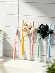 1pc Cute Cat Shaped Wall Mounted Rack, Multifunctional Toothbrush Holder & Cable Management Clip, No Need For Drill Bit Adhesive Hook For Bathroom Sink, Desktop Charging Cable Storage, Cat Lover Gift, Space Saving Home Wall Organizer - Multicolor - View 3