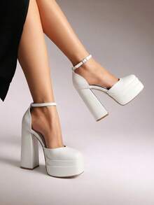Women's Square Toe Block Heel Chunky Platform Wedding Shoes, Adjustable Ankle Strap Pumps For Prom - White - View 2